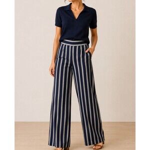Ann Taylor Navy Striped Wide Leg Pants Size 14 Nautical Coastal Resort Preppy